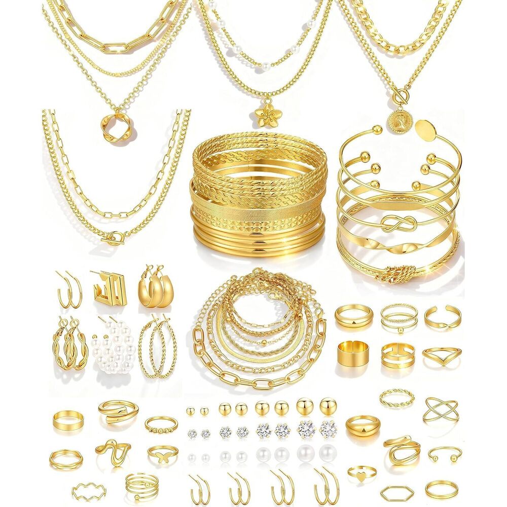 78 Pieces Gold Jewelry Set for Women, 9 Necklace, 24 Bangle Bracelet, 22